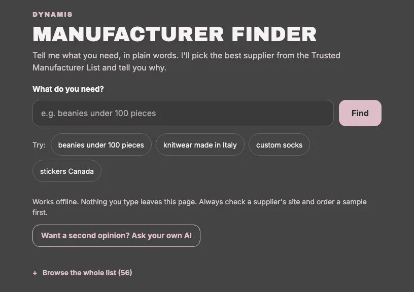The Manufacturer Finder: type what you need, like beanies under 100 pieces, and it suggests a supplier from the list
