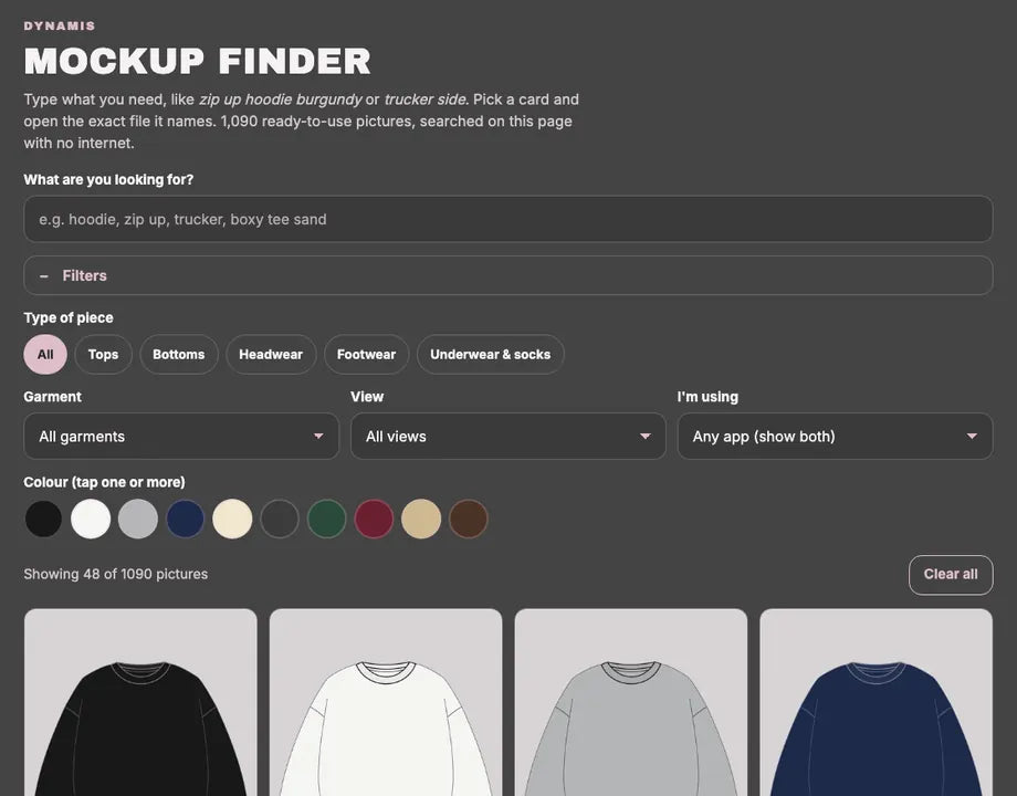 The Mockup Finder: search every garment by type, view, app and colour, then open the exact file